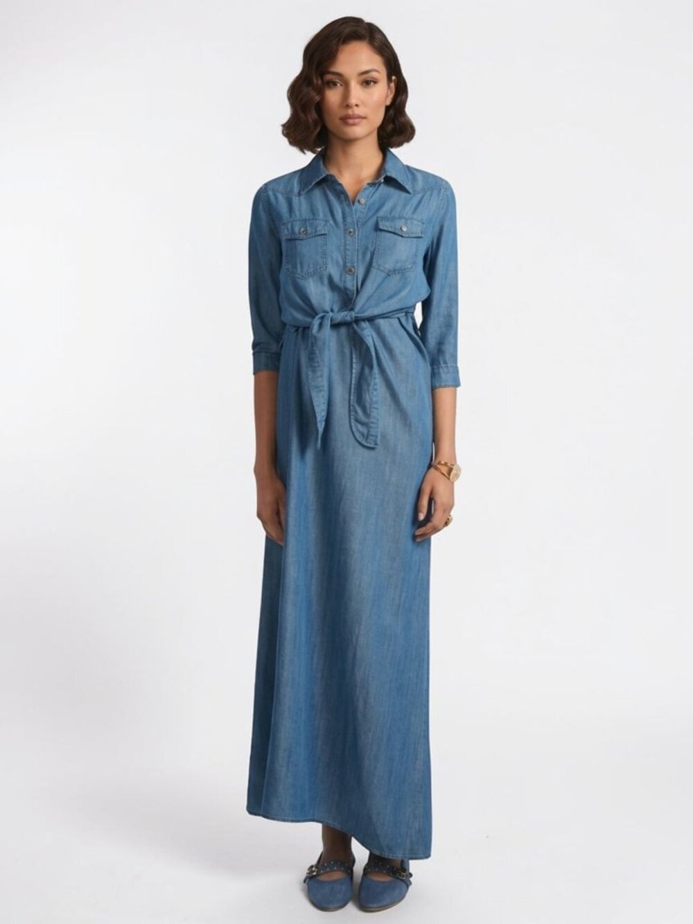 NWT Aleeza Paris Joliet Blue Denim Maxi Dress Set Size Medium Slip & Shirt 2-Pc